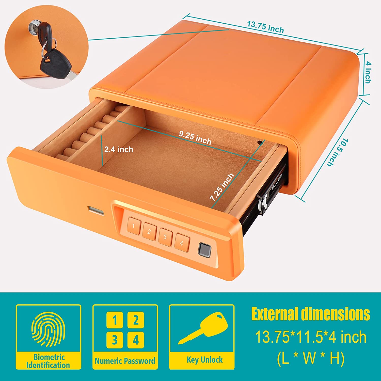 Biometric Fingerprint Safe, Slide-Away Handgun Safe for Pistols, Leather Wrapped Jewelry Storage Safe, Drawer Safe for Home and Vehicle-Orange