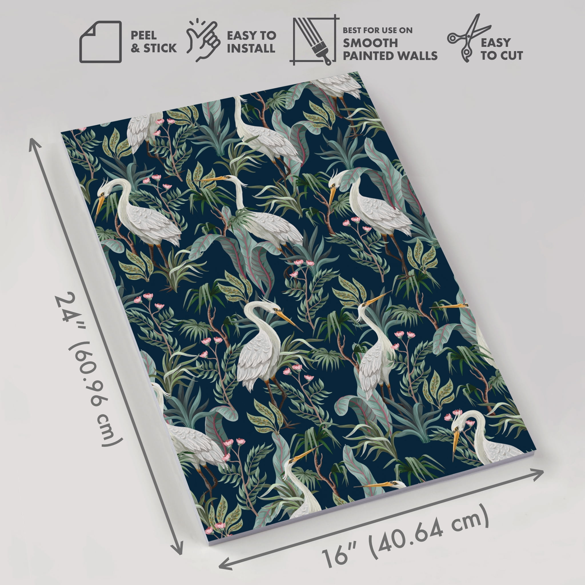 Main Street Blue Egrets Peel-and-Stick Removable Vinyl Wallpaper Panels, 16" x 24", 8 Pack