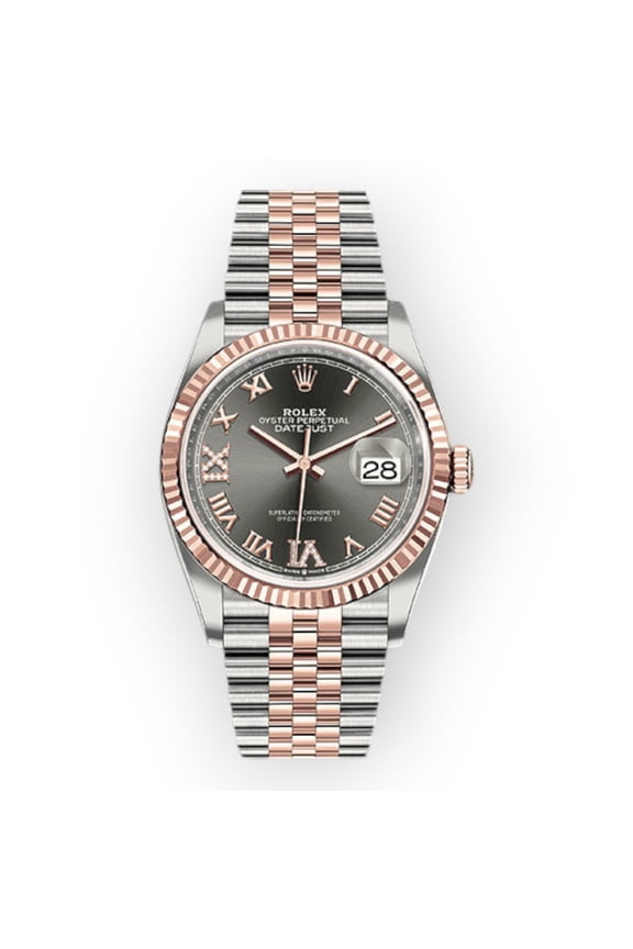 Pre-Owned Rolex Datejust 126231 36mm Dark Rhodium Roman Dial Everose Rolesor Jubilee Bracelet Watch