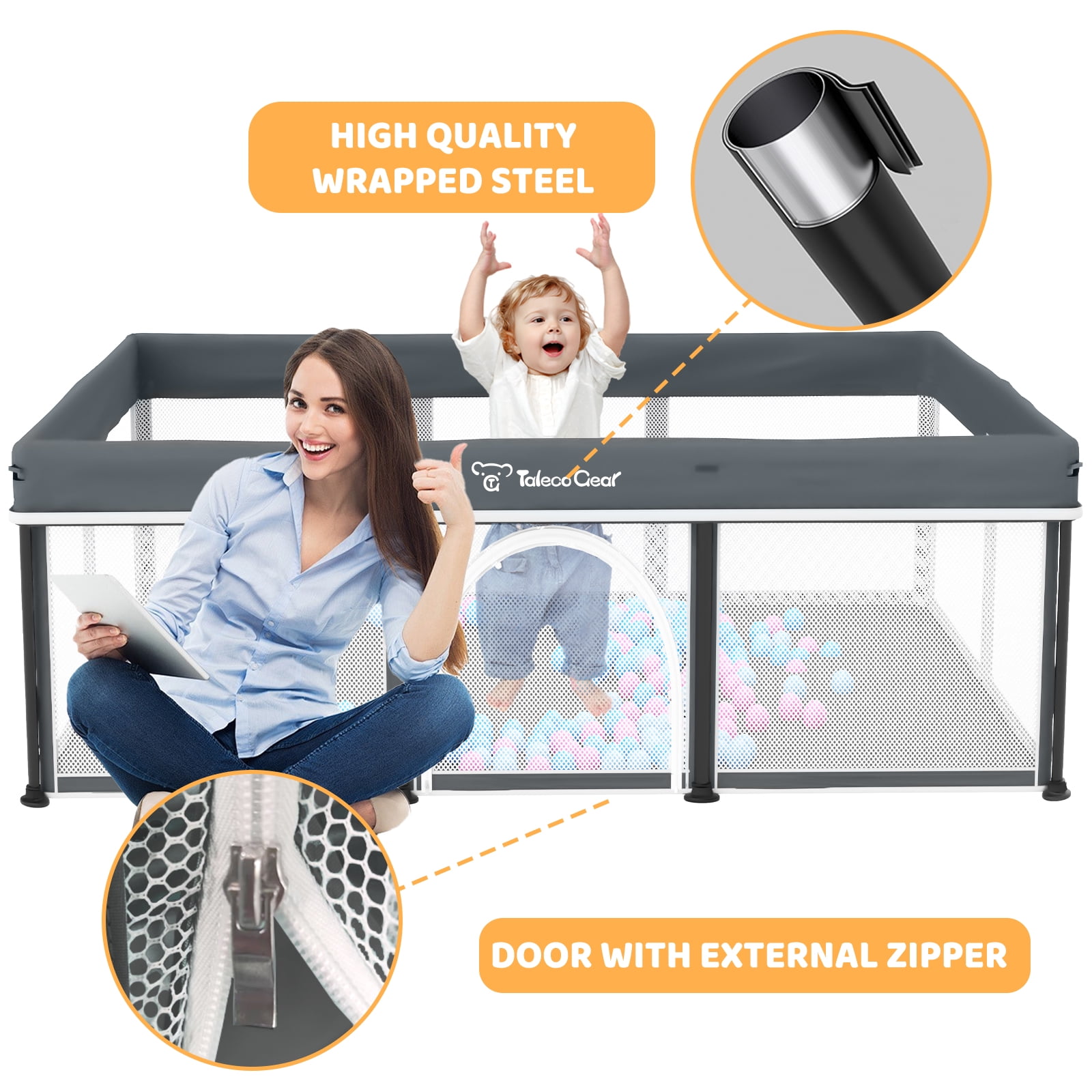 Foldable Baby Playpen with Mat, Collapsible Play Pen for Babies and Toddlers, Indoor & Outdoor Kids Safety Play Pen, Portable Play Yard with 50 Ocean Balls, 50"×70", Gray