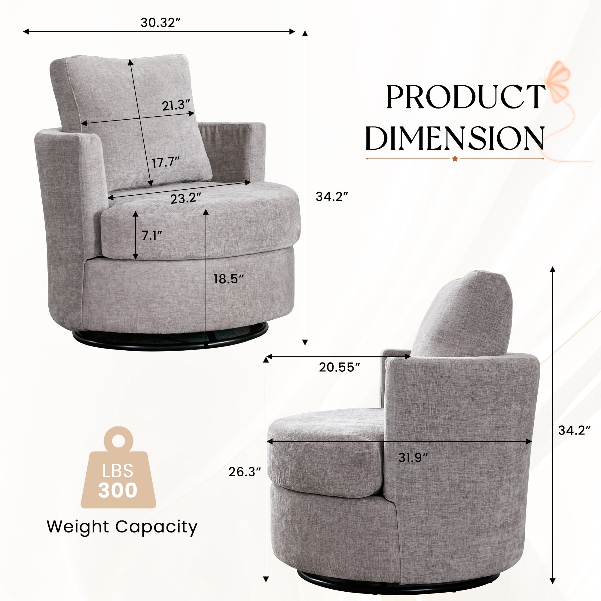 Dinosisco Swivel Barrel Chair, Chenille Accent Armchair for Living Room Bedroom, Gray