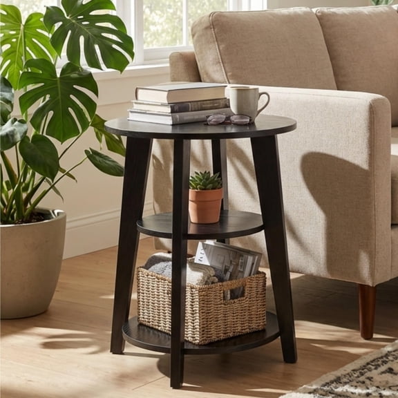 Black 3-Tier Round End Table with Storage Shelves - Modern Side Table for
