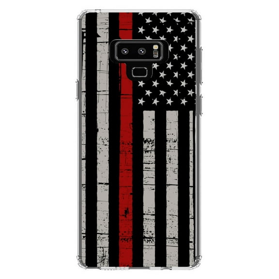 DistinctInk Clear Shockproof Hybrid Case for Samsung Galaxy Note 9 - TPU Bumper, Acrylic Back, Tempered Glass Screen Protector - Weathered Thin Red Line US Flag - First Responders