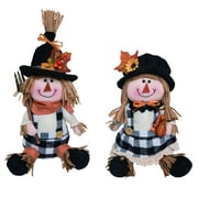 Set of 2 Black and Brown Buffalo Checkered Scarecrow Sitter Thanksgiving Figurines 10"