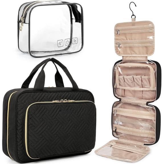 Toiletry Bag Hanging Travel Makeup Organizer with TSA Approved Transparent Cosmetic Bag Makeup Bag for Full Sized Toiletries, Large-Blck