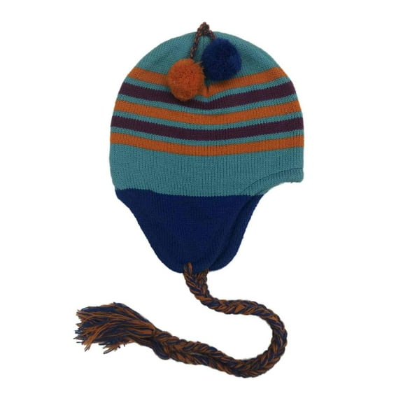 Womens Blue Orange & Purple Stripe Knit Pom Peruvian Hat Knit Stocking Cap
