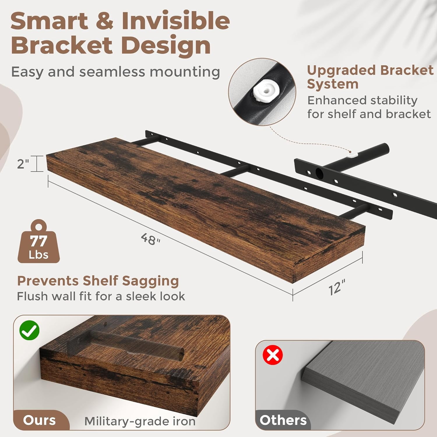 12 Inch Deep Floating Shelves with Invisible , Rustic Brown Engineered Wood Wall Mounted Storage for Kitchen Bedroom Living Room Decor and Organization, 48 inch Set of 1