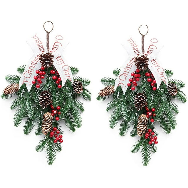 Lot de 2 Aiguilles de Pin d'Hiver Décoration avec Ruban Nœud et Baies Rouges pour Mur Porte Linteau Décoration de Festival