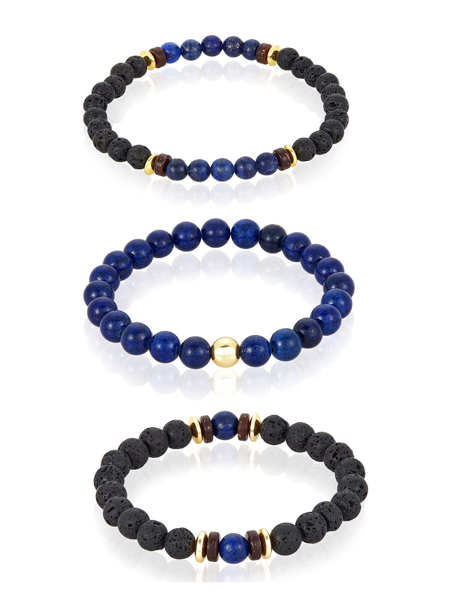 Coastal Jewelry Men's Lapis Lazuli Stone with Gold Plated Hematite, Lava and Wood Beaded Stretch Bracelet Set of 3