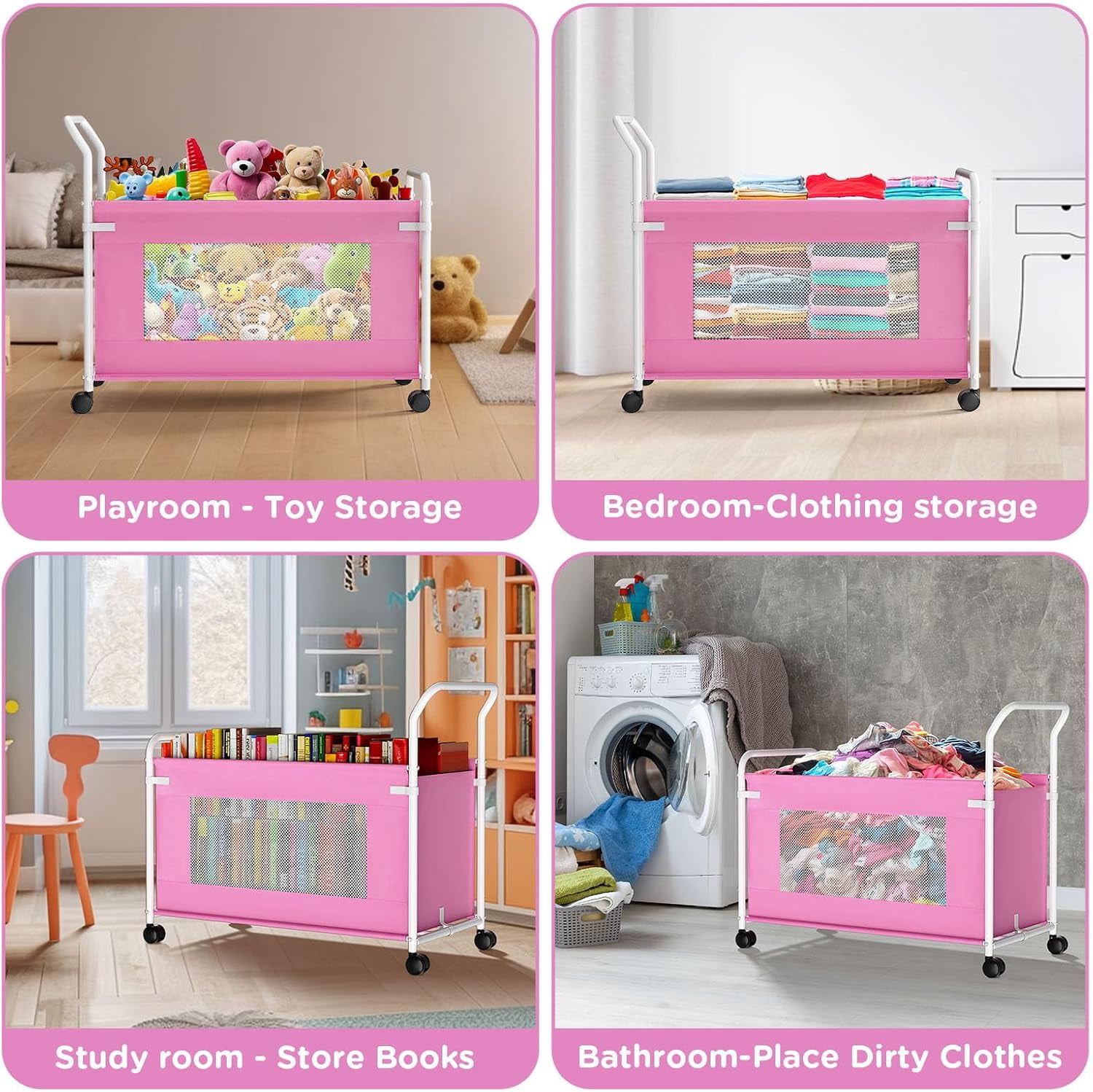 Extra Large Toy Box for Kids with 360° Rotating Wheels, Heavy Duty Toy Chest for Boys and Girls, Toy Storage Organizer for Kids, Toy Bins for Living Room, Nursery, Bedroom (Pink)