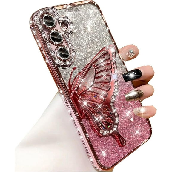 for Samsung Galaxy S25 Glitter 3D Butterfly Case,Cute Luxury Bling Sparkly Diamond Rhinestones Liquid Flowing Case with Camera Lens Protector TPU Bumper Women Girls Cover for Galaxy S25,Pink