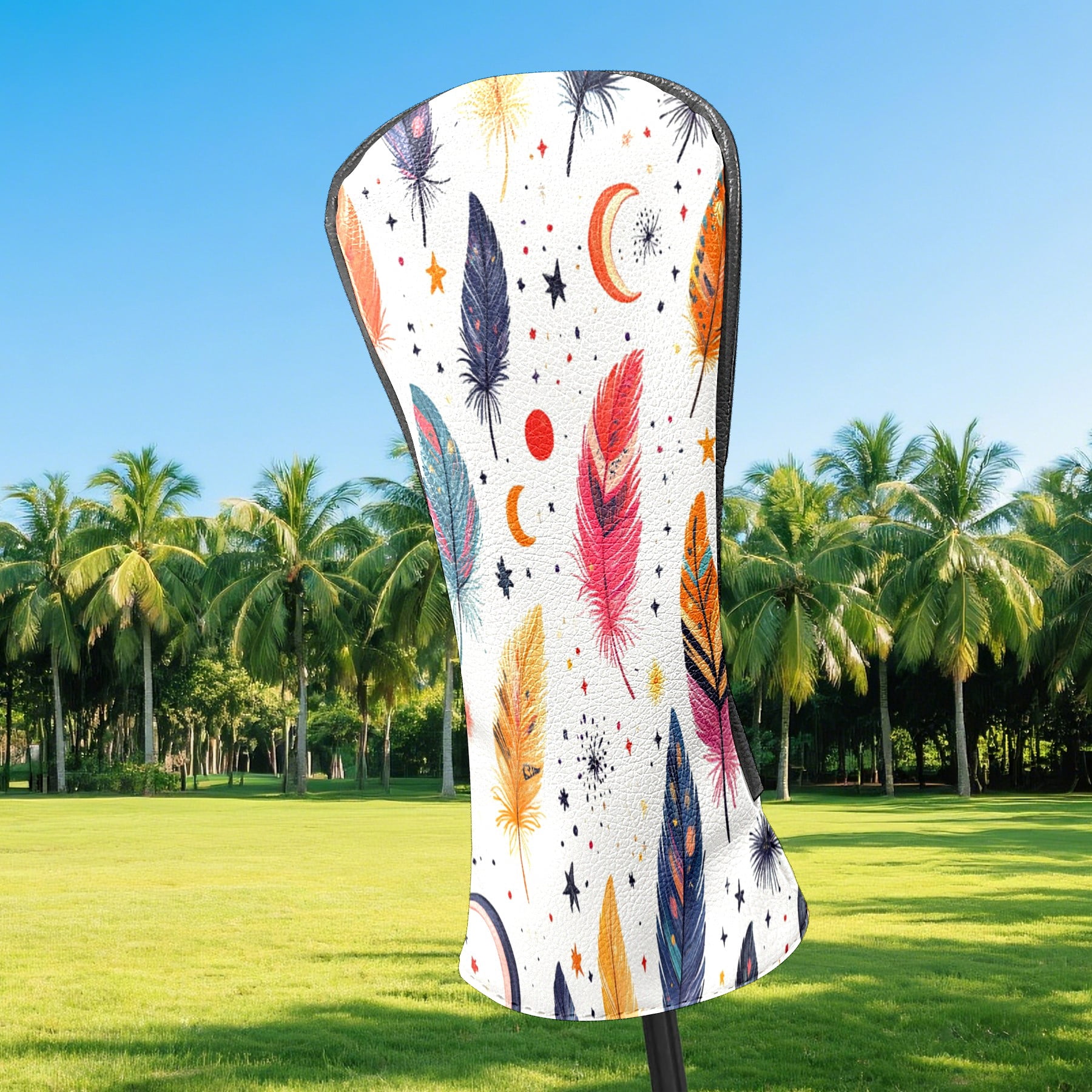 Golf Club Covers PU Leather Waterproof Head Covers for Fairway Woods Hybrids Colorful Feathers