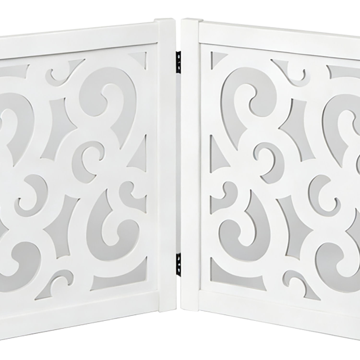 Ashfield & Harkness: 4-Panel Pet Gate - Scroll White - Wooden Foldable Freestanding Dog Fence, 80 x 23.5", Doorways-Halls-Stairs, 360 Rotated Hinges