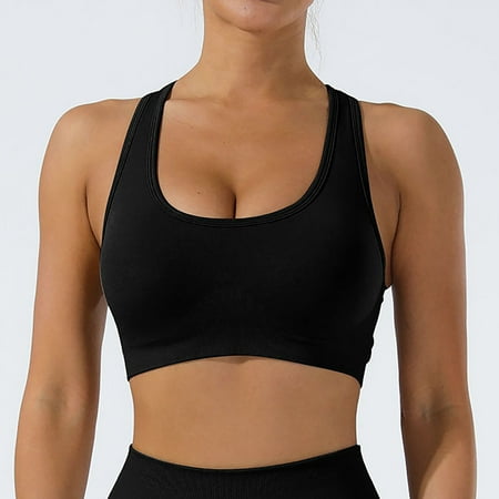 TrendVibe365 Workout Bras for Women Ribbed Knit Wireless Push up Seamless Bralettes Padded Racerback Crossover Back Halter Wide Strap Supportive Bustier Full Coverage Sexy Lingerie Black L