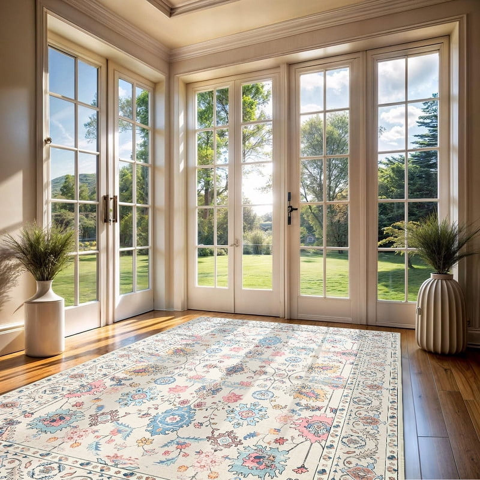 Jamfeel Rugs for Living Room Classic Boho Floral Print Floor Carpets Soft Low Pile Non-slip Washable Area Rug 6'x9' Beige