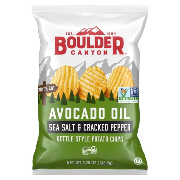 Boulder Canyon Avocado Oil Sea Salt & Cracked Pepper Kettle Style Potato Chips, 5.25 oz. - Pack of 12