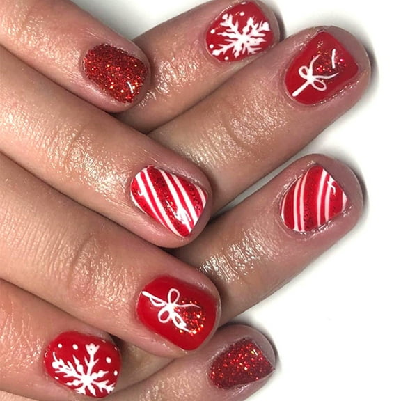 Christmas Themed Press On Nails Pack of 24 Red Snowflake Designs Short Square Shape Safe ABS Nails Accessories for Party Wear