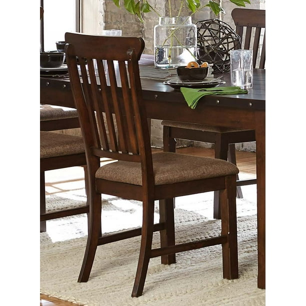 Wood & Fabric Dining Side Chair with curved Slat Back, Burnished Brown ...