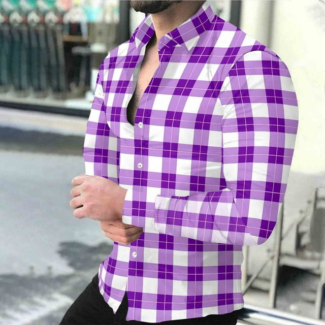 Timdgard Button down Shirts for Men Fall Plaid Lapel V Neck Long Sleeve Shirts Work Casual Tops
