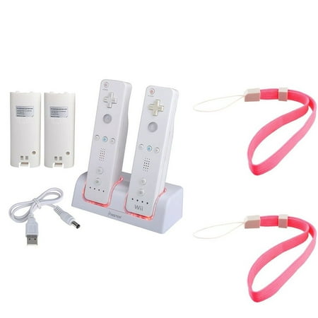 For Nintendo Wii Controller Charger with 2-Pack Replacement Battery Pack 2800mAh + 2 Hand Straps Accessories Bundle for Wii / Wii U Game Remote Control Dual Ports Charging Station Dock