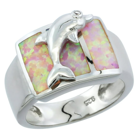 925 Sterling Silver Hand Inlay Synthetic Pink Opal Dolphin Ring 12mm