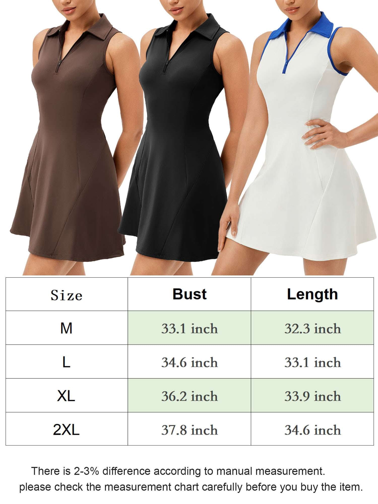 Deago Tennis Dress for Women Athletic Dress Zip Up Polo Sleeveless Golf Workout Exercise Dresses (White, L)
