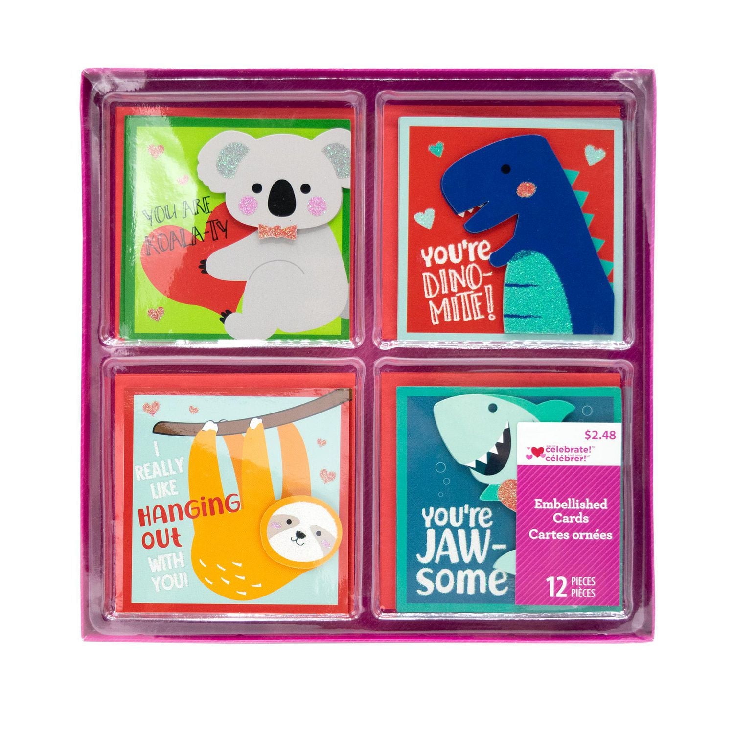 Assortiment de cartes pour enfants de la Saint-Valentin, 12 unités avec enveloppes (Koala, Dinosaure, Sloth, Requin)