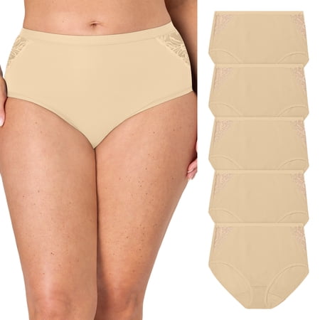 Bali Underwear Brief Pack, 5-Pack, Cotton Lace Moisture-Wicking Underwear for Women, Brief Panties Taupe Large