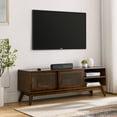 thumbnail image 3 of 59" Mid Century Modern TV Stand for 65 Inch TV,Entertainment Center with Solid Wood Feet,1 Cord Holes and Rattan Doors,TV Stabd Media Console for Living Room Bedroom,Dark Wood, 3 of 7
