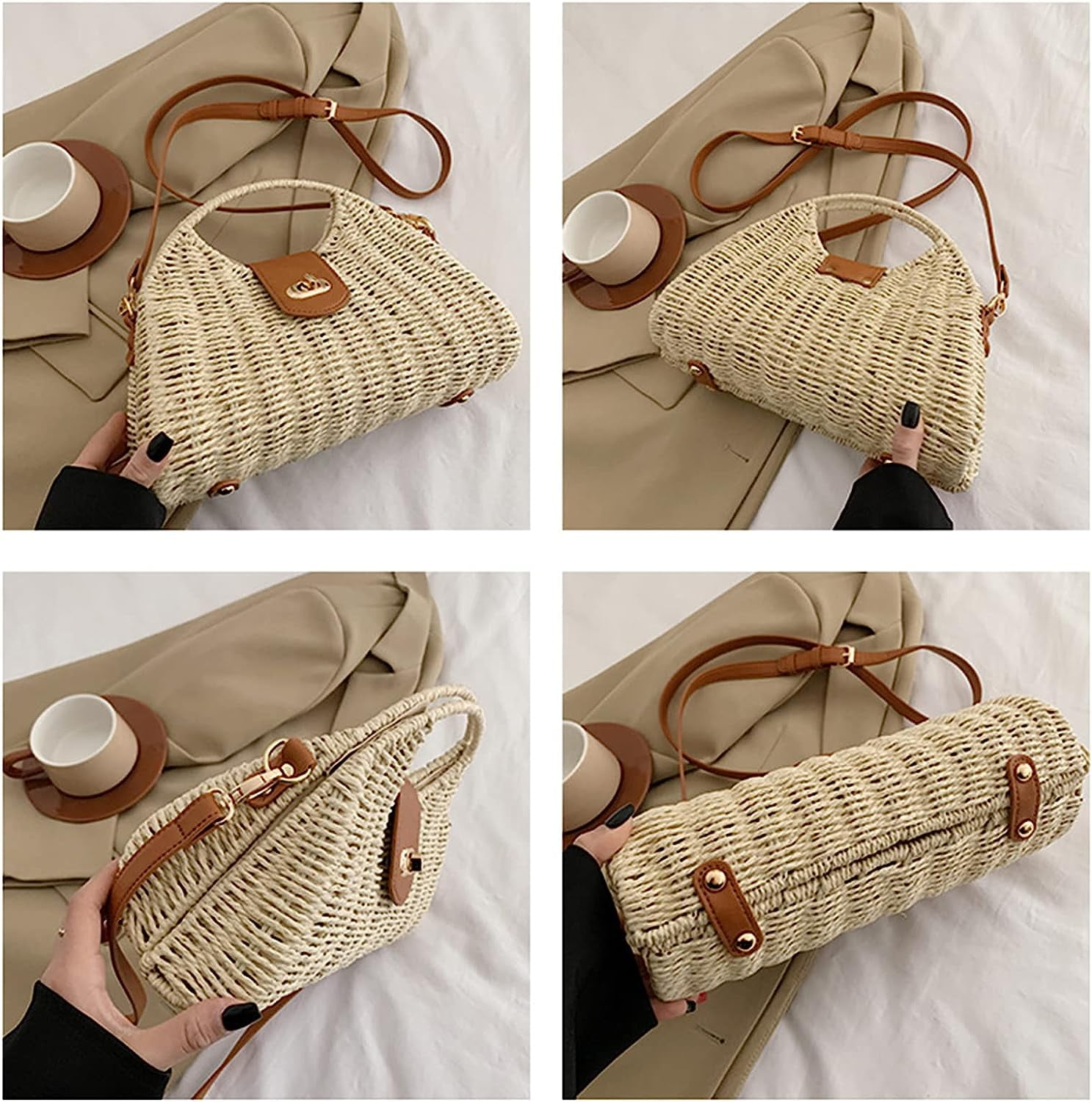 Kukuzhu Straw Handbags Women Summer Beach Tote Bag Hand Purse Vintage Wicker Woven Basket Boho Rattan Clutch Crossbody Shoulder Bag