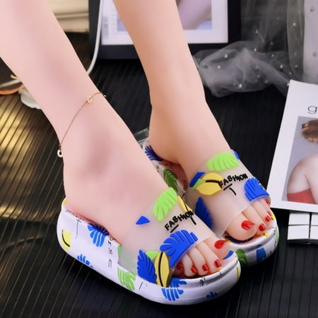

Thick Sole Slippers High Platform Shoes PVC Flip Flop Bright Color Leaves Design Anti-Slip for Indoor Outdoor Bathroom