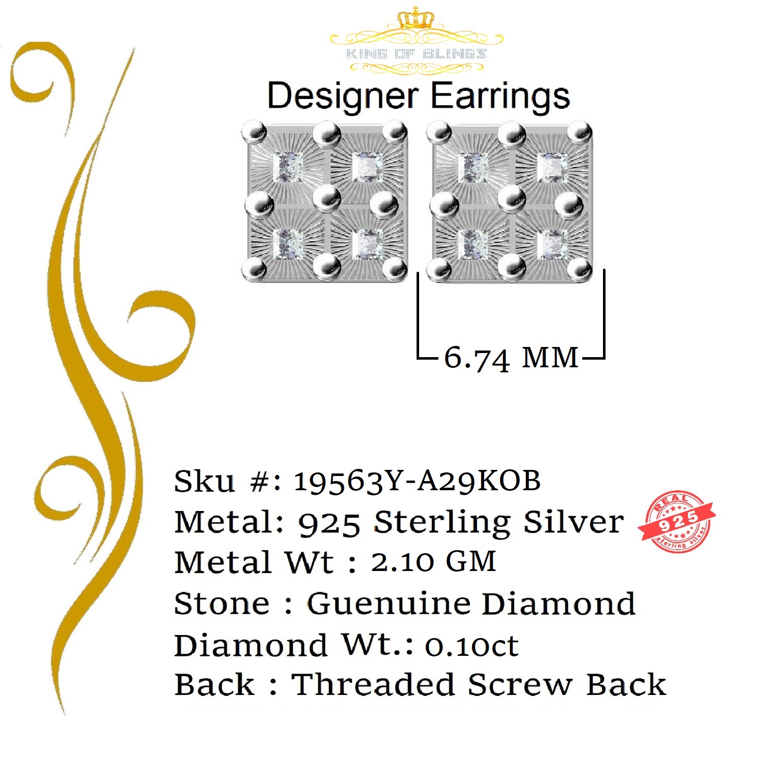 King of Bling's 0.10ct Diamond Stud Yellow 925 Sterling Silver Stud For Ladies Style Earrings