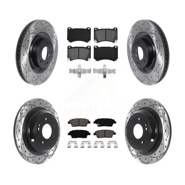 Transit Auto Front Rear Coated Drilled Slotted Disc Brake Rotors and Semi-Metallic Pads Kit for Car 2012-2014 Hyundai Genesis 5.0L KDS-100749