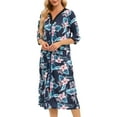 thumbnail image 3 of Defitshape Women's Short Sleeve Robe Boho Hippie Summer Full Zipper House Coat Knee Length V Neck Bathrobe Comfy Soft Stretchy Midi Zip Up Duster Robe w/ Pockets Navy 8, 3 of 4