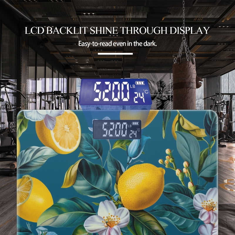 Bathroom Scale, Highly Accurate Digital Body Scale,Precisely Measures Weight up to 400 lbs-Lemons And White Flowers On Dark Blue Background