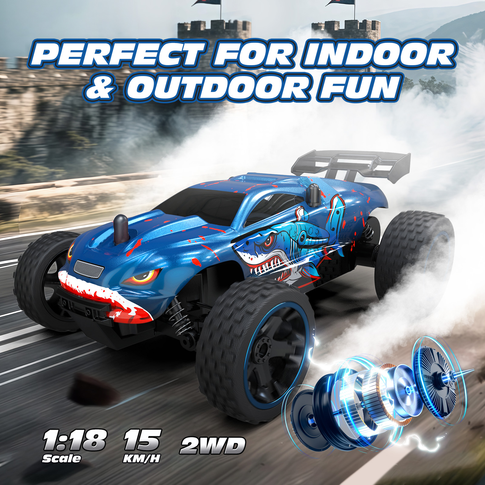Tecnock RC Cars for Kids, 1:18 Scale 2WD Off-road Remote Control Car with USB-C Easy Charging, 2.4GHz RC Trucks with LED Lights & 50 Mins Playtime