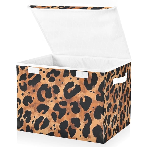 Yayeee Collapsible Cube Storage Bin with Lid Fabric Closet Decorative Basket with Handles, Leopard Pattern