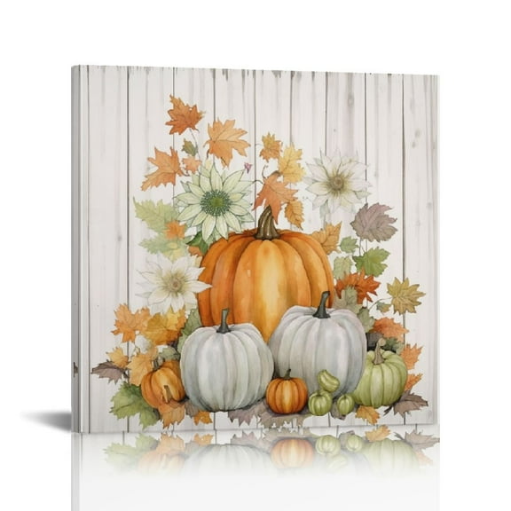 JRXY Fall Wall Art for Living Room, Pumpkin and Maple Leaves on Rustic Wood Boards Canvas Green Botanical Framed Wall Art Thanksgiving Decor 12x12 in