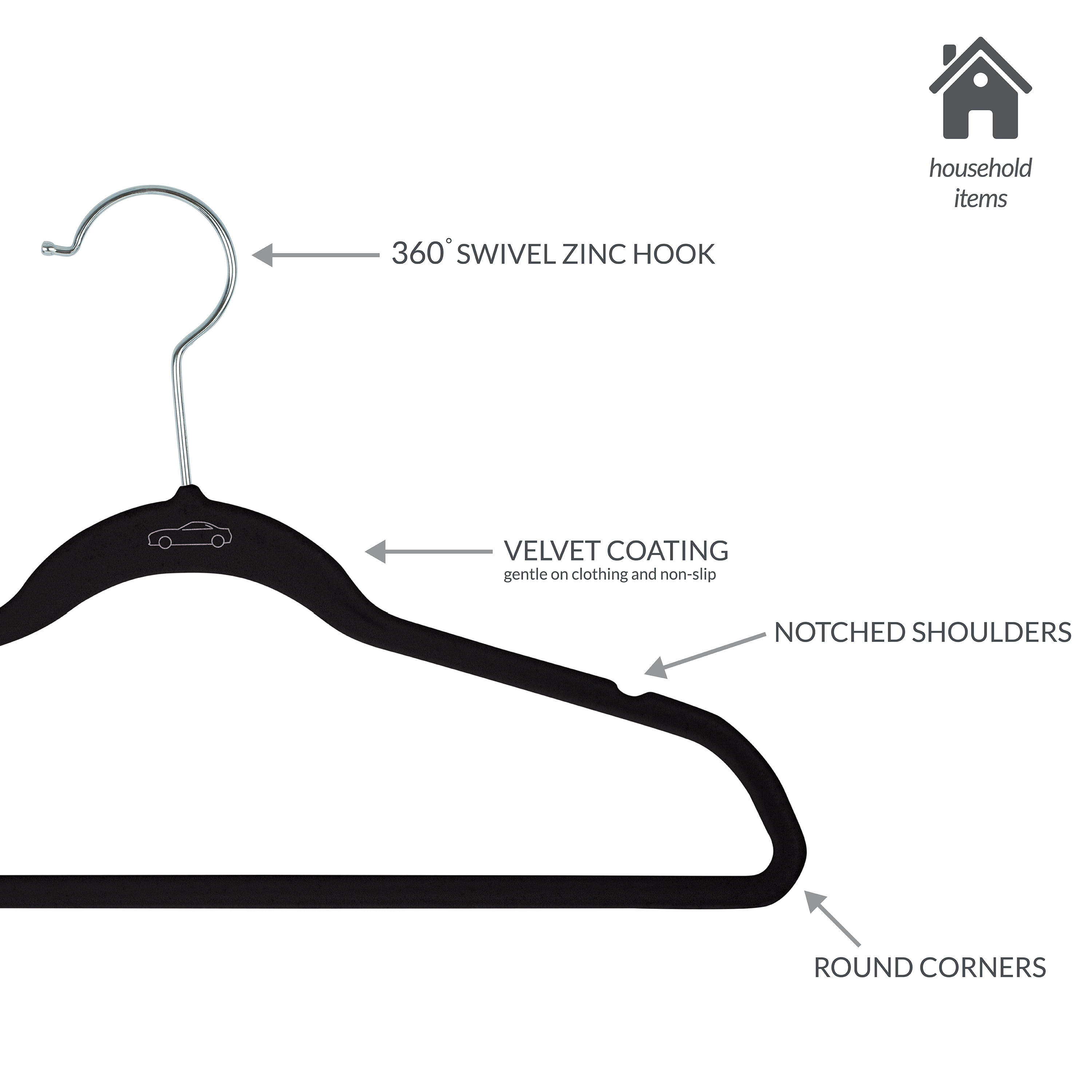 Simplify Kids 50 Pack Velvet Shirt Hangers with Race Car Icon in Black