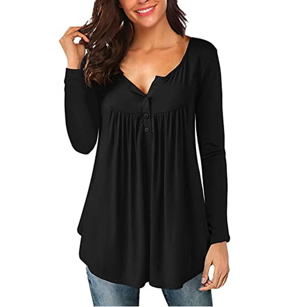 Camiseta de mujer con cuello en V, blusa abotonada, túnica lisa, manga larga o manga corta