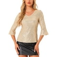 thumbnail image 1 of Top con lentejuelas INSPIRE CHIC para mujer, con mangas de campana 3/4, escote en V, metálico, brillante y con glitter, blusa de fiesta S dorada, 1 of 6