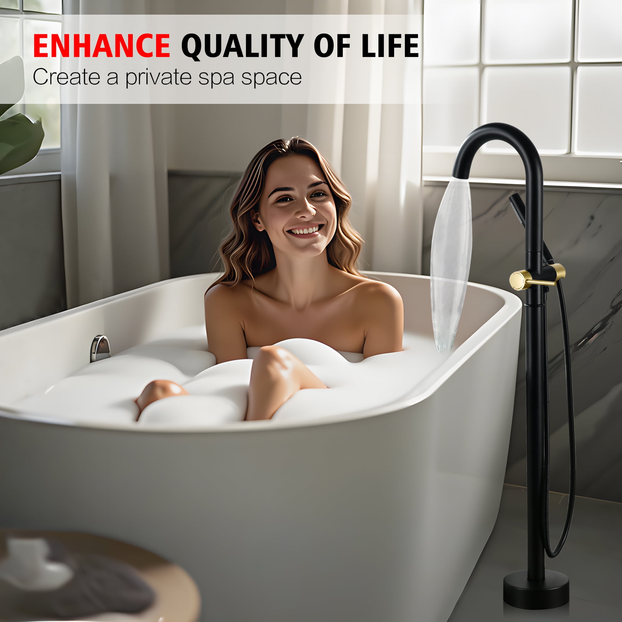 sumerain Floor Mounted Tub Faucet with Handheld, High Flow Freestanding Bathtub Faucet with Swivel Spout Black and Gold