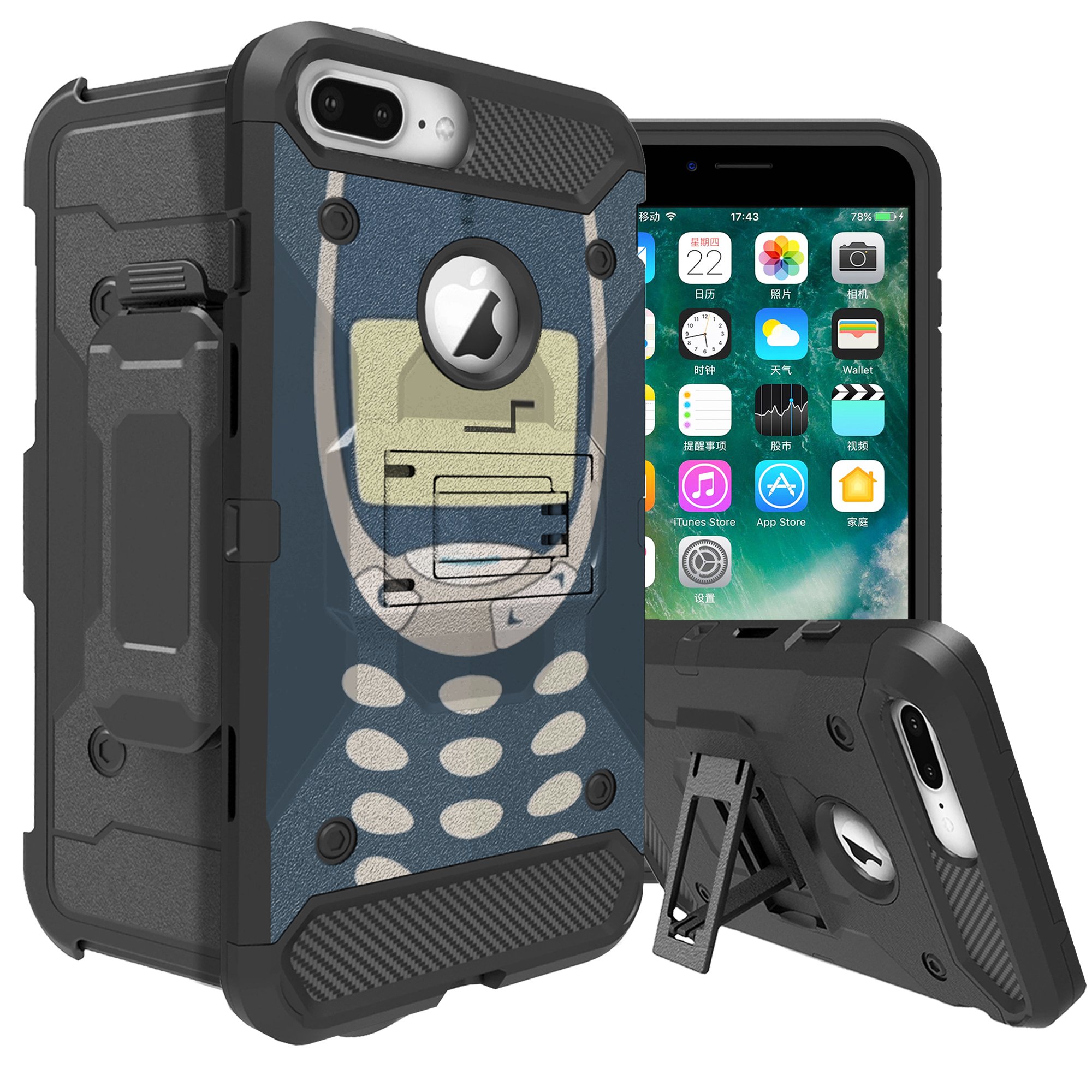 Rugged iPhone 8 Plus Retro Phone Case Kickstand + Holster Case