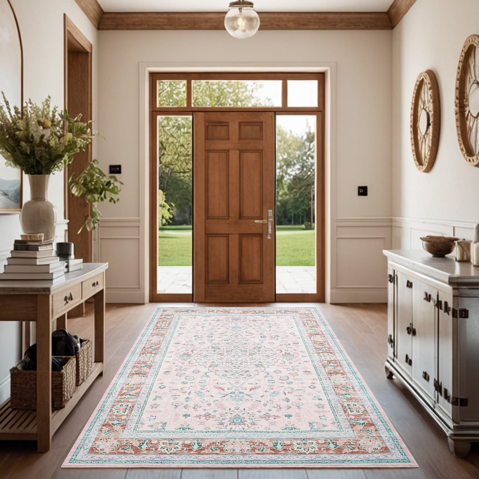 Garvee Vintage Floral Print Area Rug, 10'x13' Washable Rug Stain Resistant Indoor Carpet Non-Slip Low Pile Floor Rugs for Living Room Bedroom Dining Room, Pink