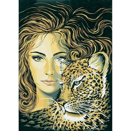 Collection D'Art Needlepoint Printed Tapestry Canvas, 60cm x 50cm, Head Of A Girl with Leopard