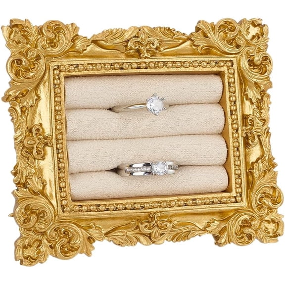 Vintage Ring Holder 4x3.2x0.9inch Rectangle Jewelry Rings Display Frame 3 Slots Gold Resin Frame Stand with White Cloth Inside