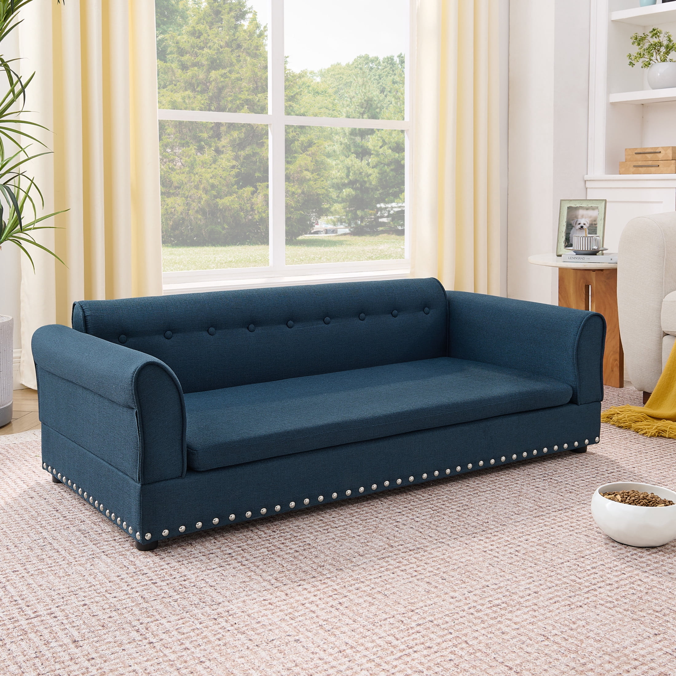 Noble House 55" Comfortable Elevated Pet Sofa, Elegant Oversized Linen Dog Bed with Support Armrests, Dark Blue