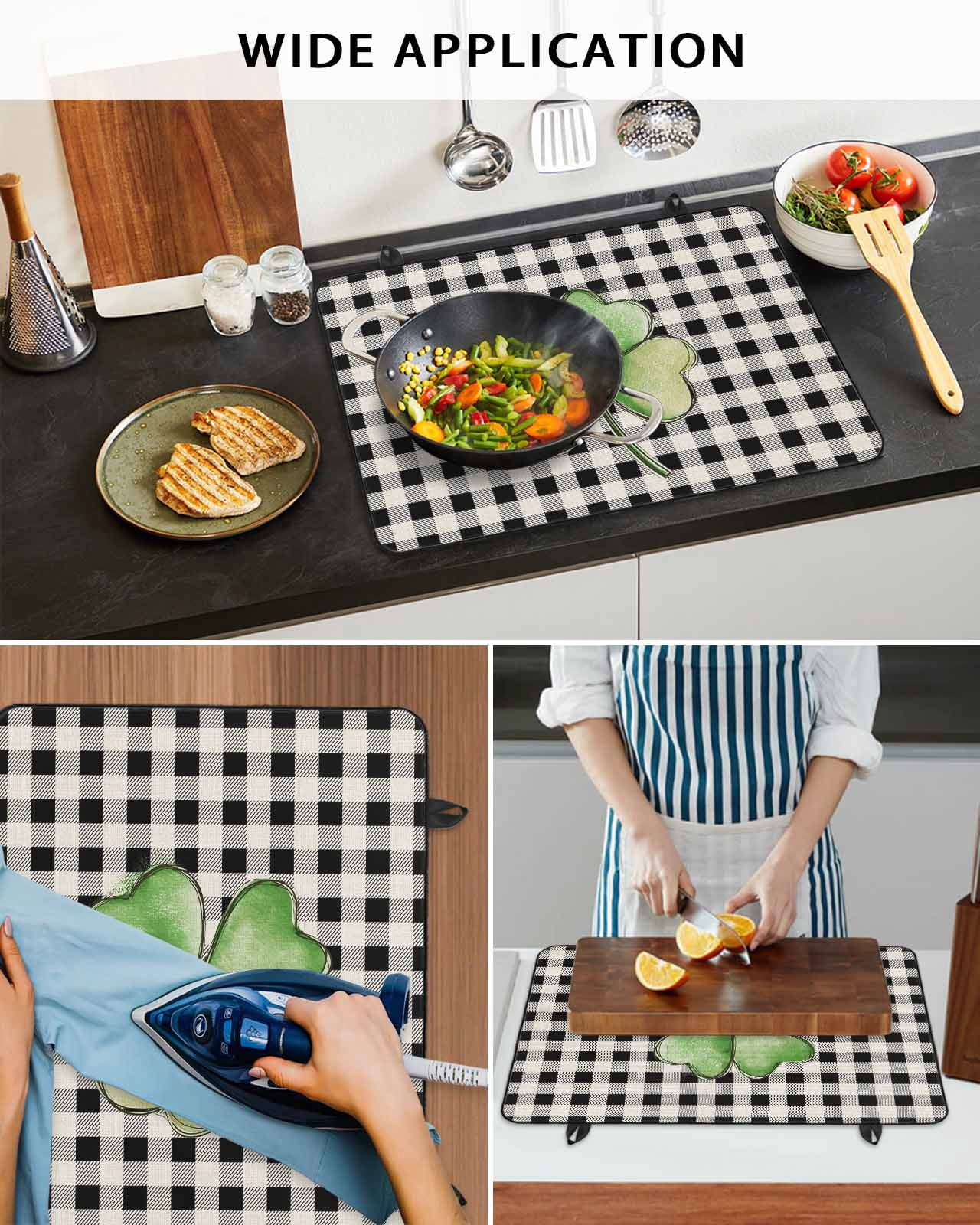 Large Induction Cooktop Protector Mat St. Patrick's Day Stove Top Covers for Electric Stove, Shamrock Leaves Black White Plaid Retro Decorative Stove Burner Cover Mats, Glass Top Stove Cover