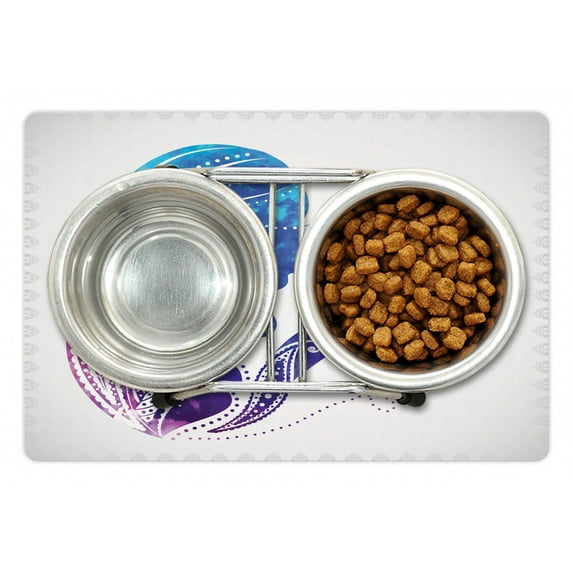 Feminine Pet Mat for Food and Water, Girl's Silhouette with Flowers on Her Hair Floral Ornaments Meditation Spa Art, Non-Slip Rubber Mat for Dogs and Cats, 18" X 12", by Ambesonne