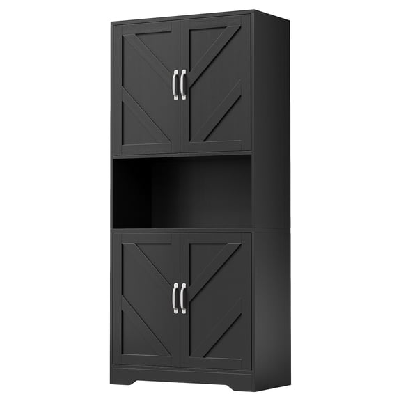 Spacious Storage Solution Kitchen Pantry Cabinet – 70" Farmhouse Freestanding Cupboard with 4 Doors & Adjustable Shelves – Wood Microwave Stand for Dining, Living Room